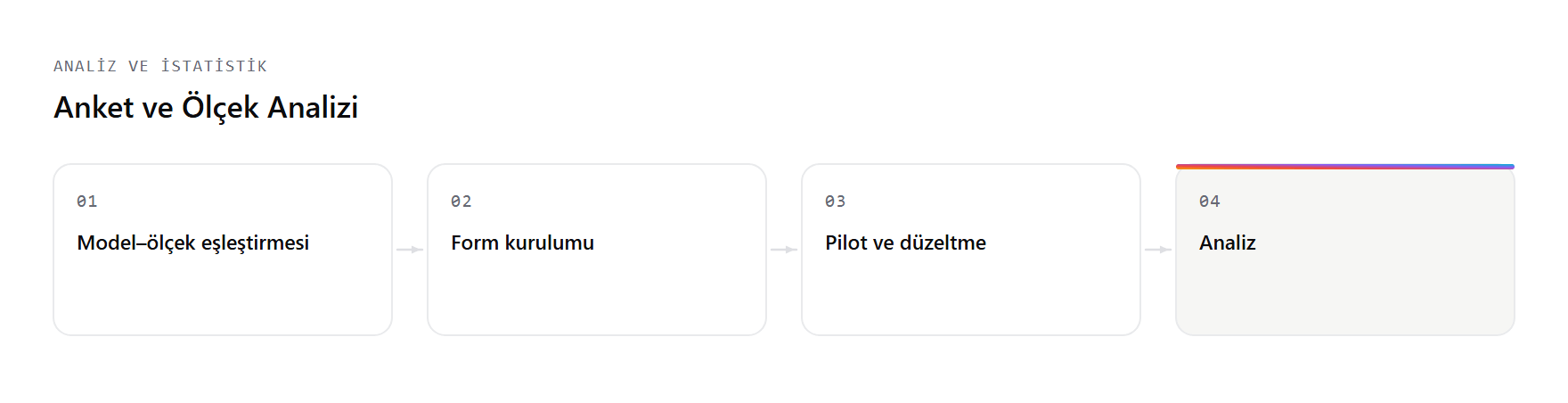 Anket ve Ölçek Analizi hizmetinin çalışma akışı: Model–ölçek eşleştirmesi, Form kurulumu, Pilot ve düzeltme, Analiz adımları.