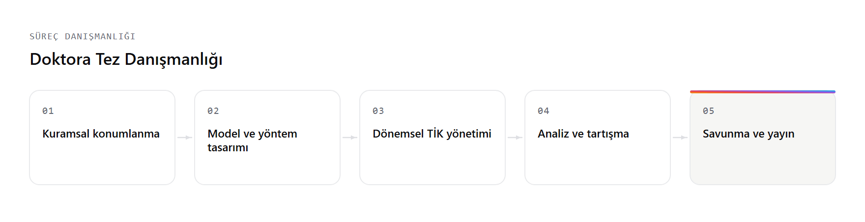 Doktora Tez Danışmanlığı hizmetinin çalışma akışı: Kuramsal konumlanma, Model ve yöntem tasarımı, Dönemsel TİK yönetimi, Analiz ve tartışma, Savunma ve yayın adımları.