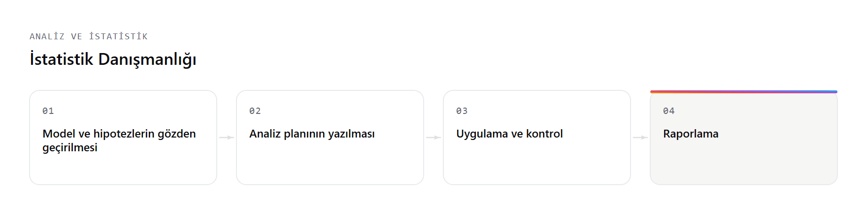 İstatistik Danışmanlığı hizmetinin çalışma akışı: Model ve hipotezlerin gözden geçirilmesi, Analiz planının yazılması, Uygulama ve kontrol, Raporlama adımları.